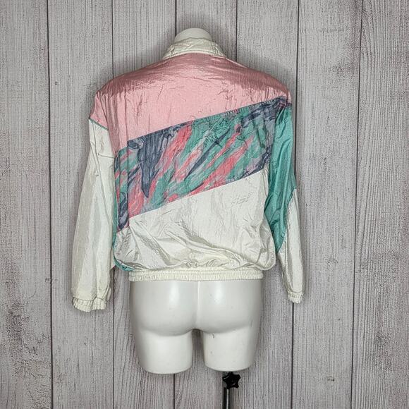 VTG 90s Pink & Green Pastel Windbreaker Jacket with Shoulder Pads, sz Small - Picture 4 of 6